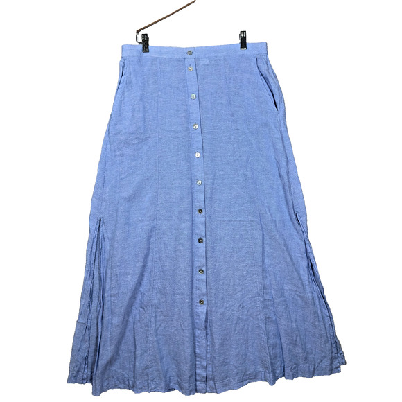 C&C California Maxi Skirt Large Blue Linen Blend Button Front Boho Coastal - Picture 1 of 9